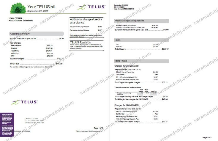 Canada Telus utility bill template in Word and PDF formats, 2 pages, version 3